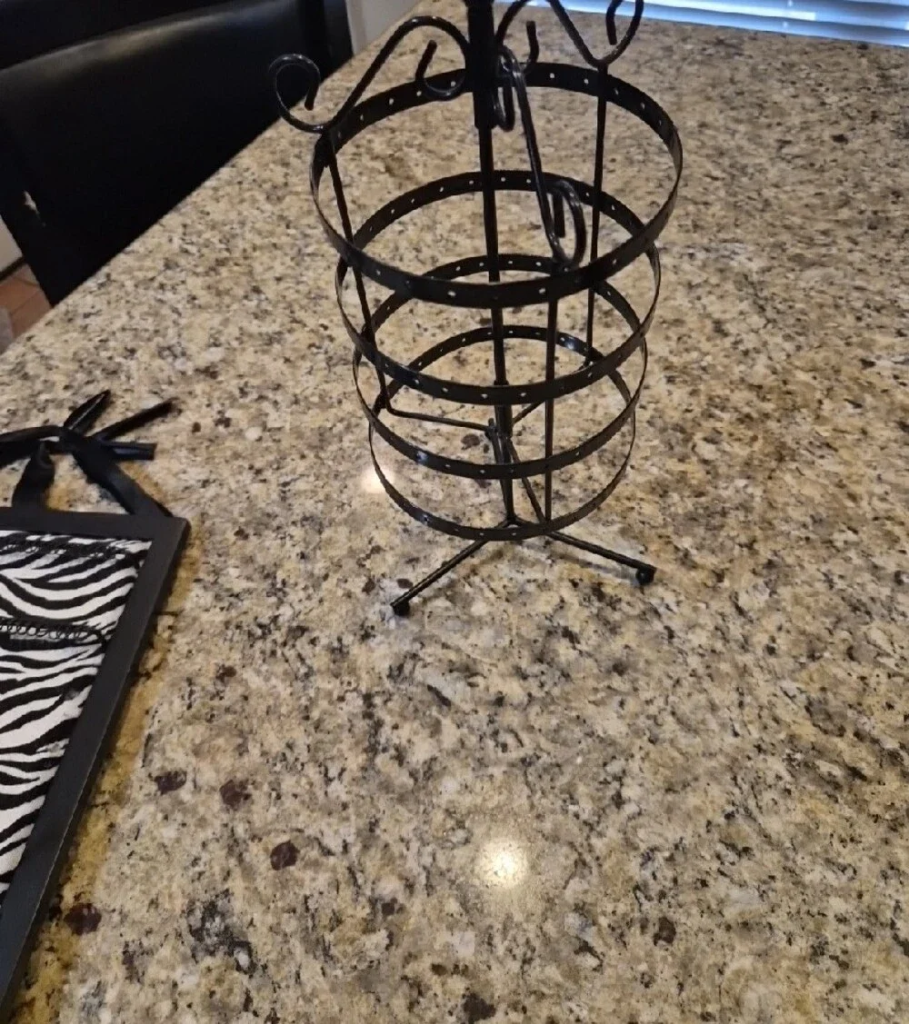 Zebra Print Wall Jewelry Organizer and Black Metal Earring Stand - Pair